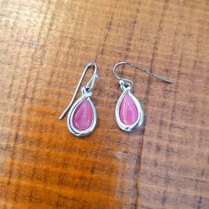 Pink Center Stone Teardrop Shape Silver Tone Dangle Drop Hook Earrings